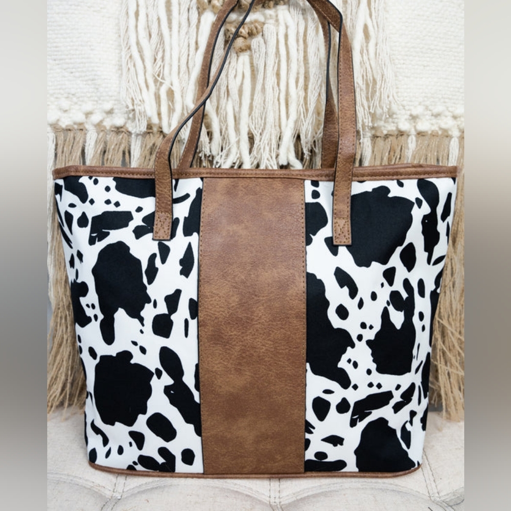 Western Theme Faux Leather and Cow Print Tote Bag Purse Attached Coin Pouch